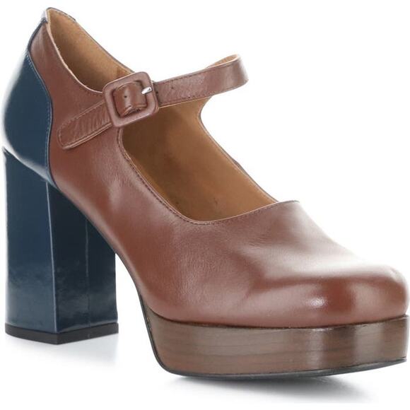 Fly London ERIL Platform Pumps Cognac & Navy Leather Retro 70s Chunky Heel 38 - Picture 2 of 11